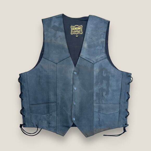 Genuine Leather Men’s Vintage Black Motorcycle Vest Size: 48 - Picture 1 of 6